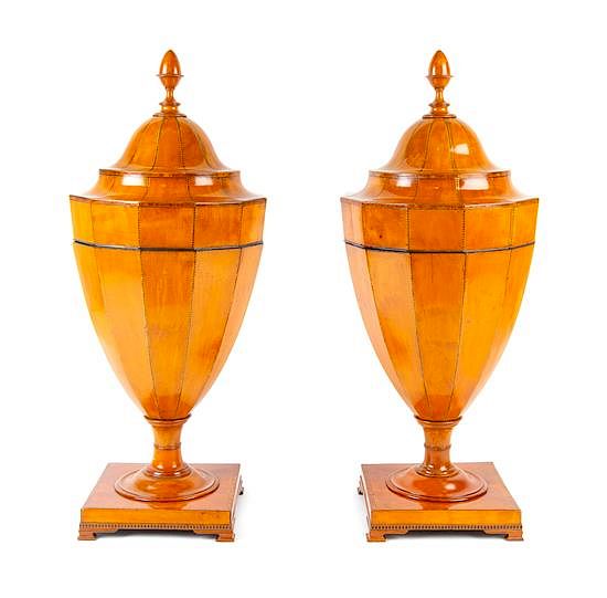 Appraisal: A Pair of George III Satinwood Cutlery Urns Height inches