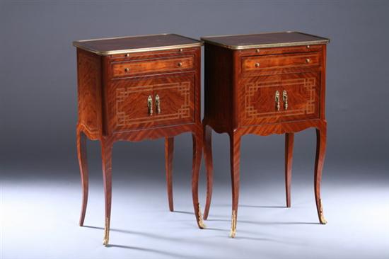 Appraisal: PAIR LOUIS XV STYLE INLAID KINGWOOD PETITE COMMODES th century