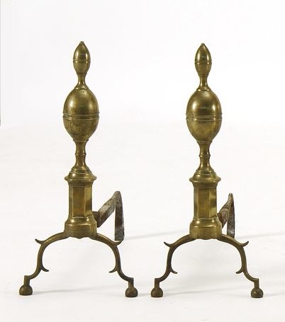 Appraisal: PAIR OF FEDERAL BRASS DOUBLE LEMON-TOP ANDIRONS With ring turnings