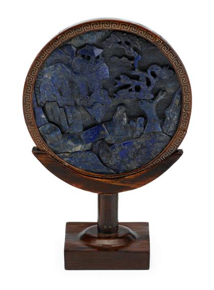 Appraisal: Chinese carved lapis plaque and hongmu standlate th century