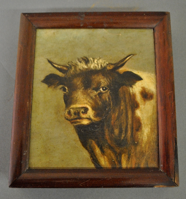 Appraisal: - Oil on wood panel painting of a bull in