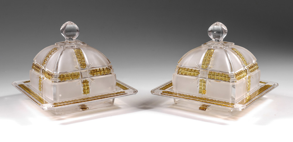 Appraisal: KLONDIKE AMBERETTE COVERED BUTTER DISHES cut glass covered butter dishes