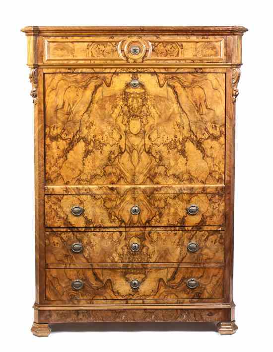 Appraisal: A Biedermeier Style Burr Walnut Secretaire a Abattant having a