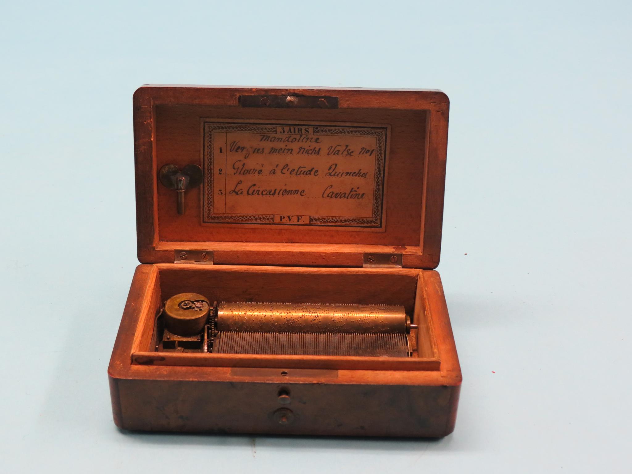 Appraisal: A th century PVF miniature cylinder musical box playing three