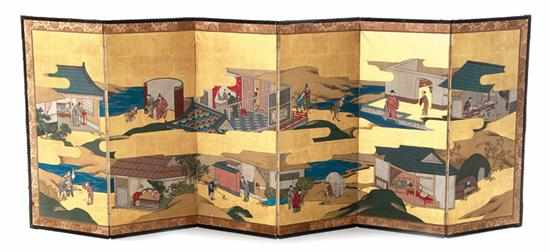 Appraisal: Oriental painted six-panel folding screen late th century extensive landscape