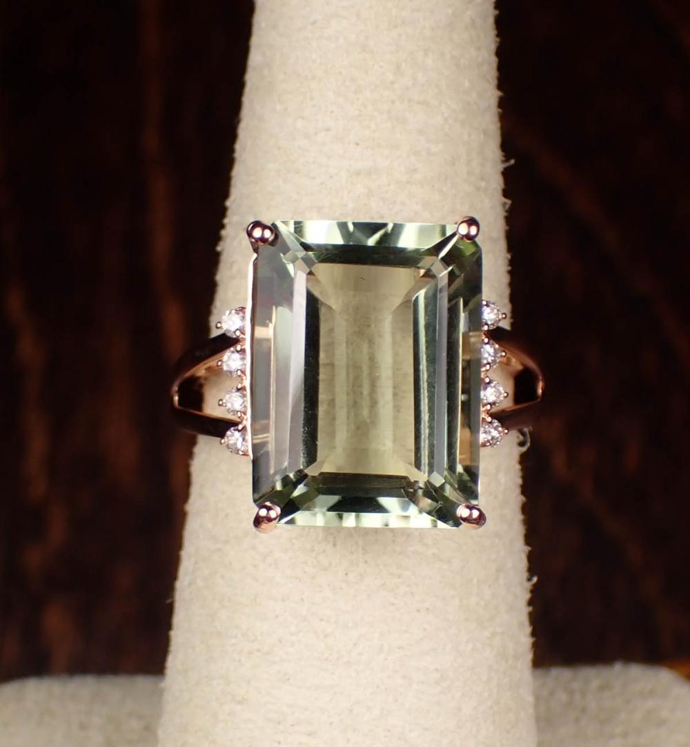 Appraisal: PRASIOLITE DIAMOND AND FOURTEEN KARAT GOLD RING The rose gold