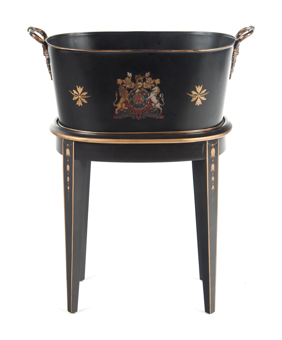 Appraisal: Regency style toleware planter and stand two-handled planter with heraldic