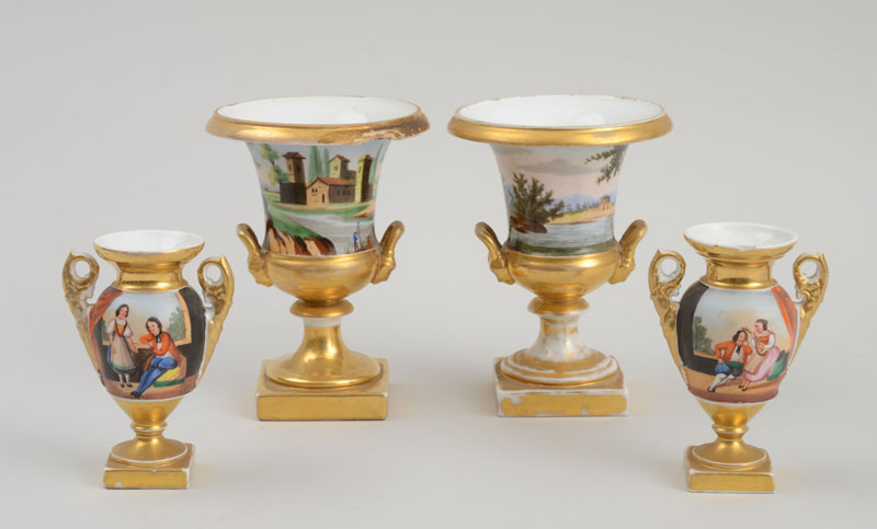 Appraisal: TWO PAIRS OF PARIS PORCELAIN SCENIC VASES The larger pair