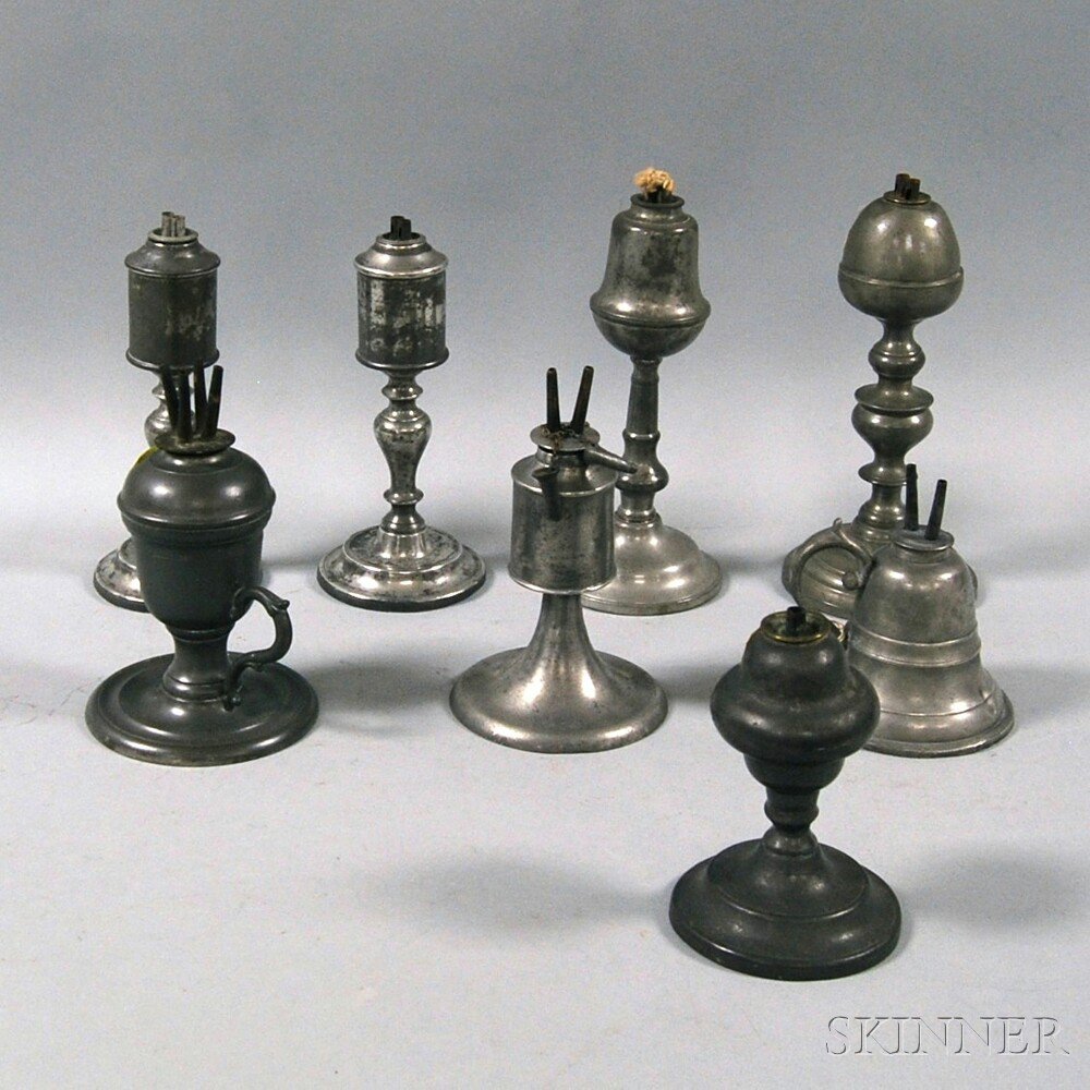 Appraisal: Eight Pewter Fluid Burning Lamps including lamps with marks of