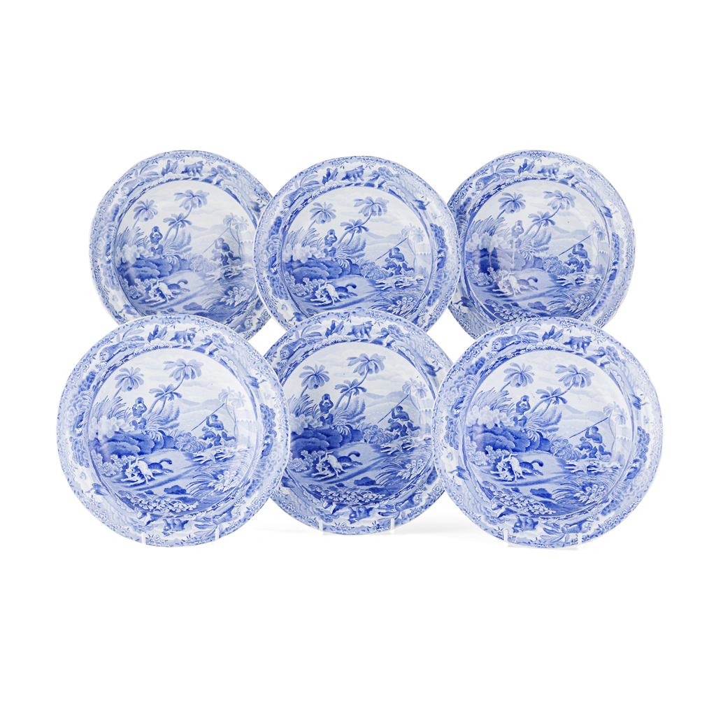 Appraisal: SET OF SIX SPODE 'INDIAN SPORTING' PATTERN SOUP DISHES EARLY