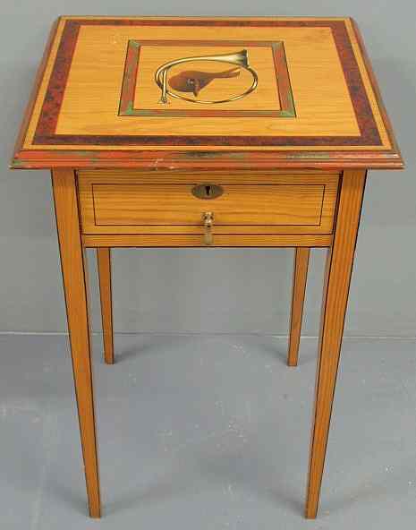 Appraisal: Yellow painted one-drawer stand th c with hunting horn and