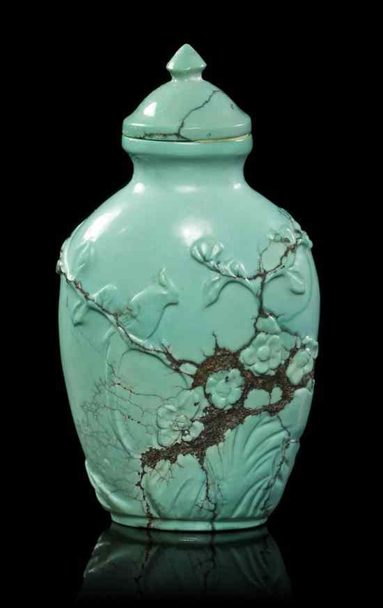 Appraisal: A Carved Turquoise Snuff Bottle of flask form having even