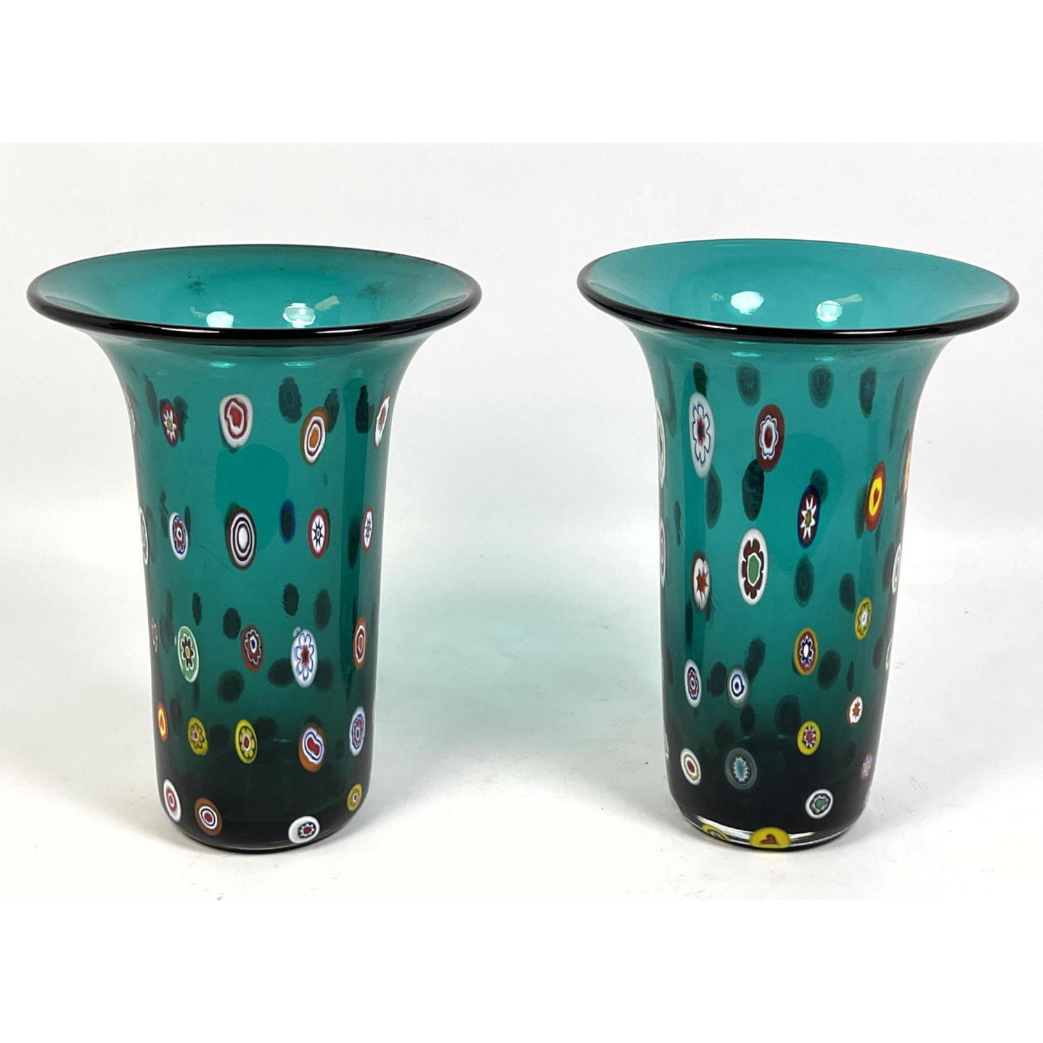 Appraisal: Pair Murano Art Glass Vase with Colorful Cane Slices Dimensions