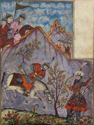 Appraisal: TWO PERSIAN MANUSCRIPT PAGES The one a battle scene with