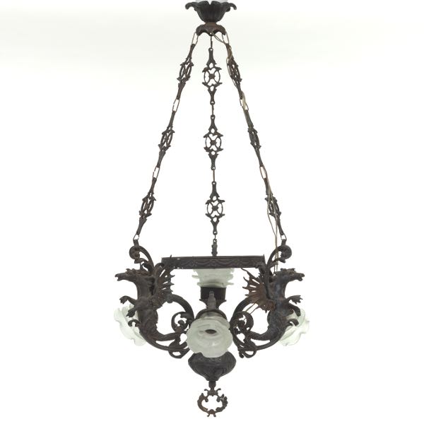 Appraisal: IRON SEAHORSE CHANDELIER x Patinated metal chandelier with three lights