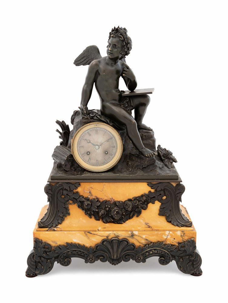 Appraisal: A French Bronze and Sienna Marble Figural Mantel Clock A