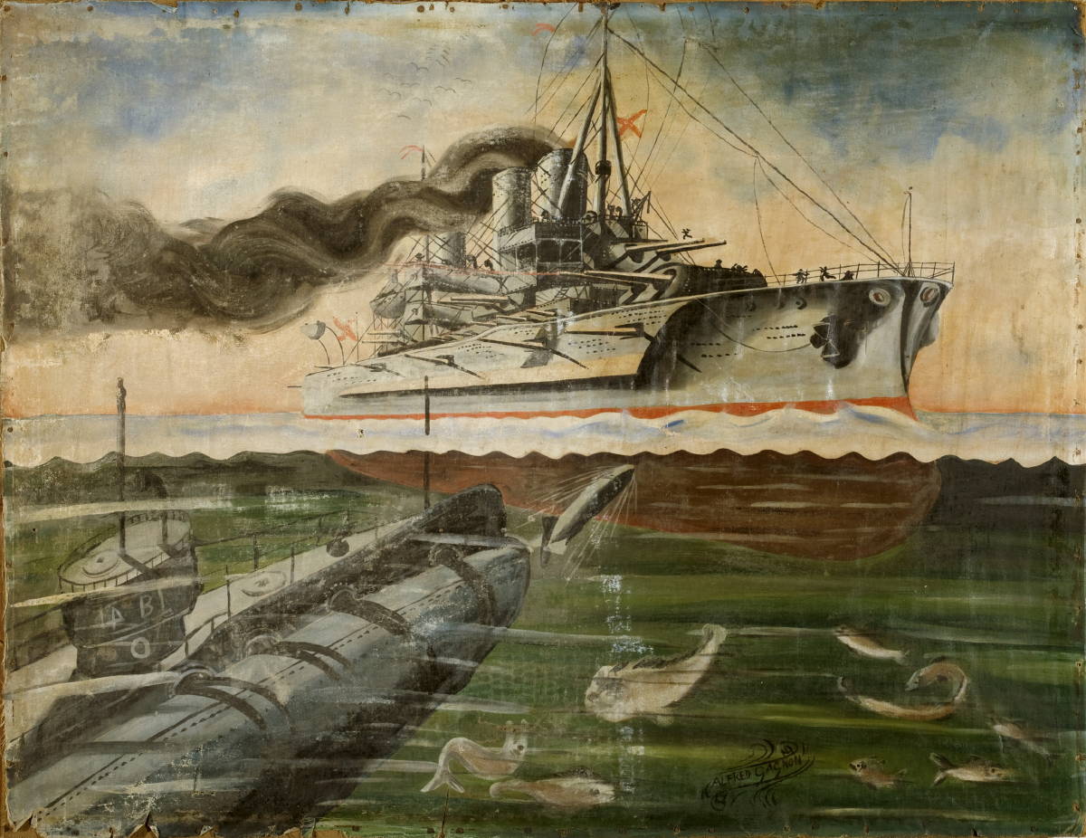 Appraisal: PRIMITIVE PAINTING OF A SUBMARINE FIRING ON A BATTLESHIP Oil