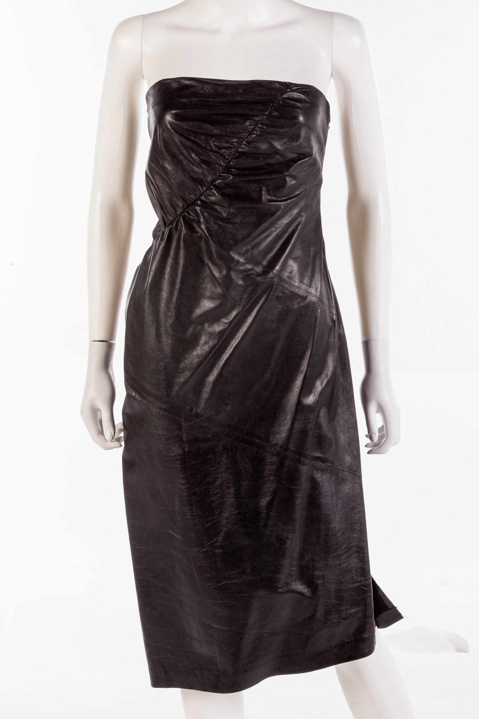 Appraisal: GUCCI BLACK LEATHER STRAPLESS DRESS size made in Italy