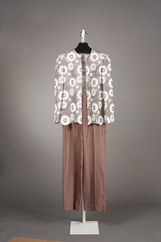 Appraisal: Andr Laug brown cream daisy jacket with brown slacks Size