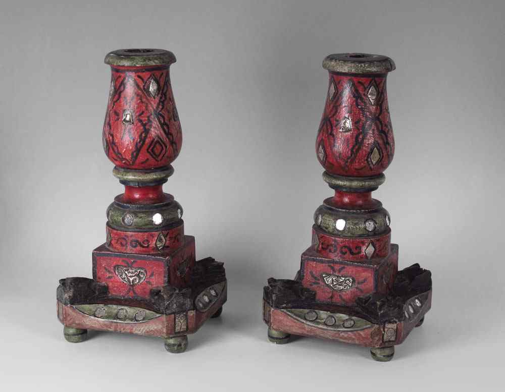 Appraisal: SPANISH COLONIAL INLAID CANDLE HOLDERS Cuzco school carved and polychrome