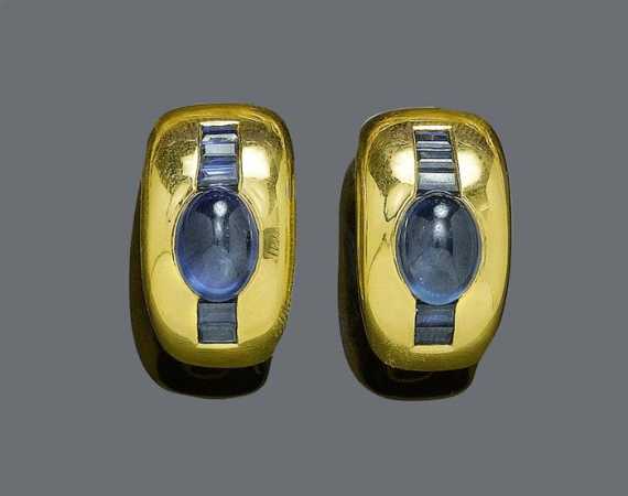 Appraisal: SAPPHIRE AND GOLD EARCLIPS J FRECH Yellow gold Casual-elegant half-creole