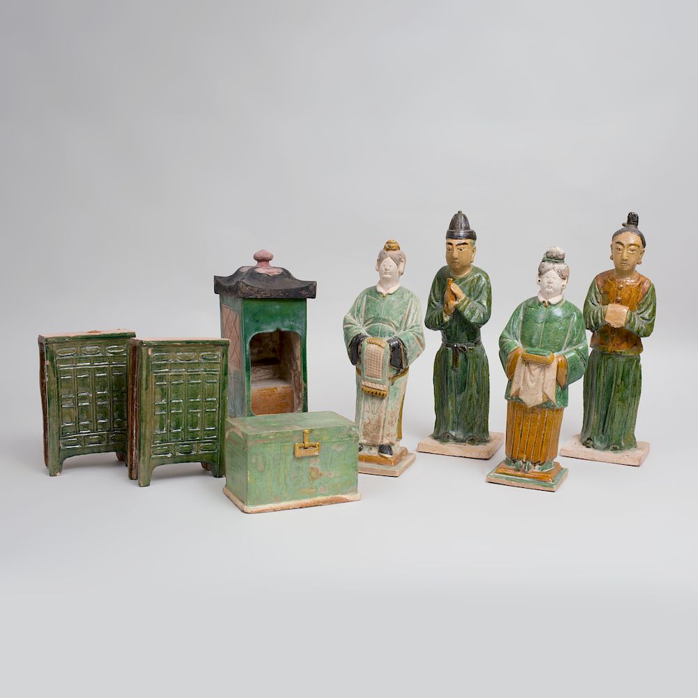 Appraisal: Group of Chinese Ming Style Green and Ocre Glazed Pottery