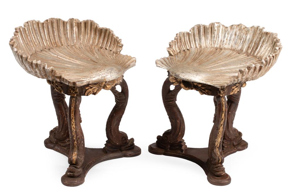 Appraisal: Pair of Italian Grotto-Style Carved and Painted Stools shell-form seat