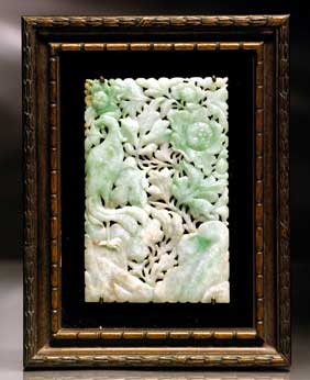 Appraisal: ANTIQUE JADEITE PLAQUE Well carved antique Chinese jadeite plaque with