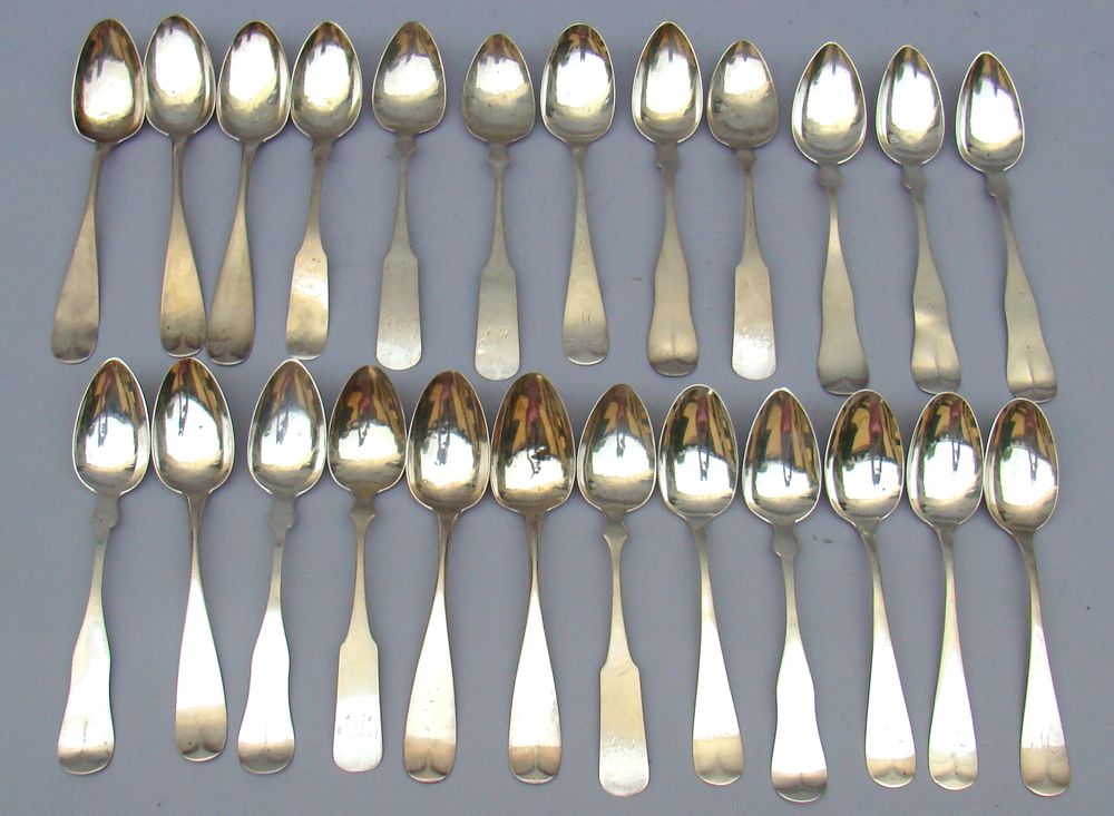 Appraisal: TWENTY-FOUR COIN SILVER TEASPOONS Most by New England silversmiths Monogrammed