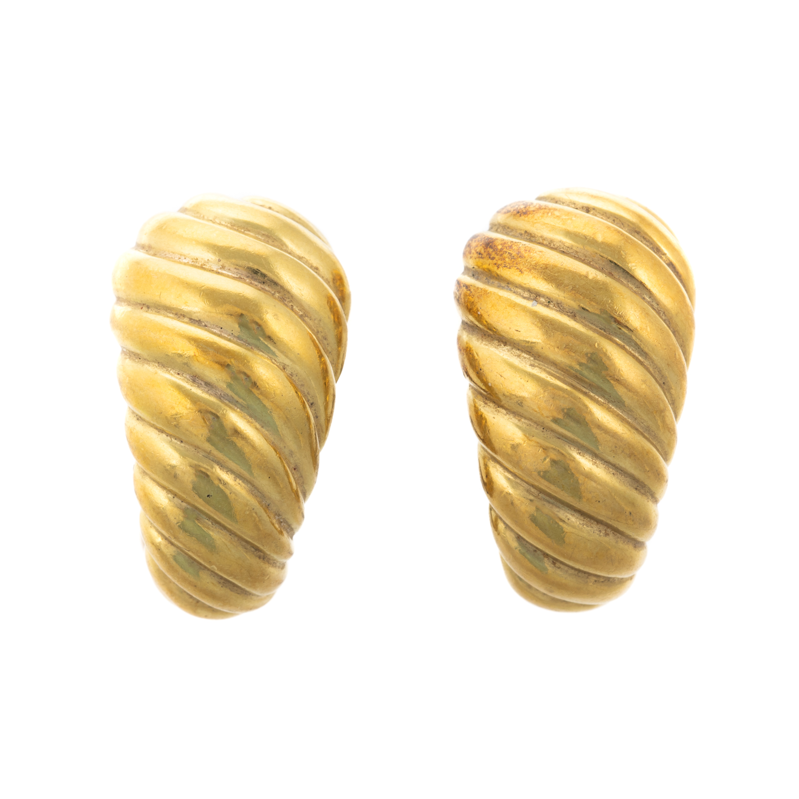 Appraisal: A PAIR OF GOLD RIBBED HOOP ONYX EARRINGS K yellow