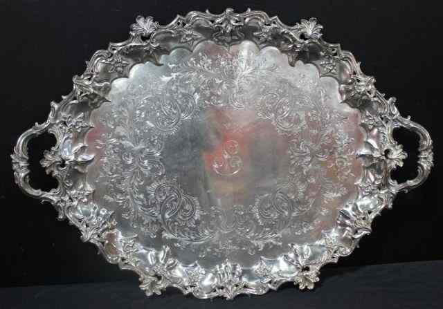 Appraisal: STERLING Large Handled Rococo Tray Magnificent tray with fine chasing