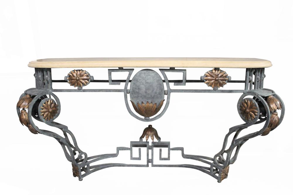 Appraisal: PAIR OF IRON PARCEL GILT CONSOLE TABLESmodern each with D-shaped