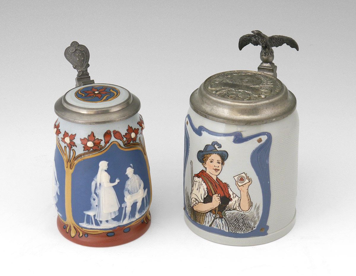 Appraisal: METTLACH STEINS steins total to include etched woman target shooter