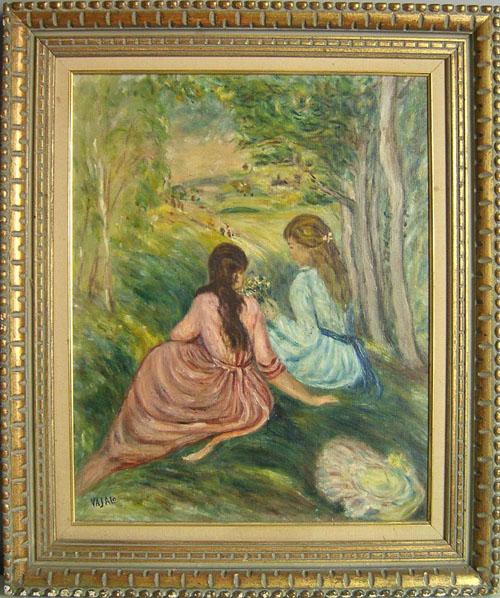 Appraisal: Oil on canvas landscape with young women signed Valajo x