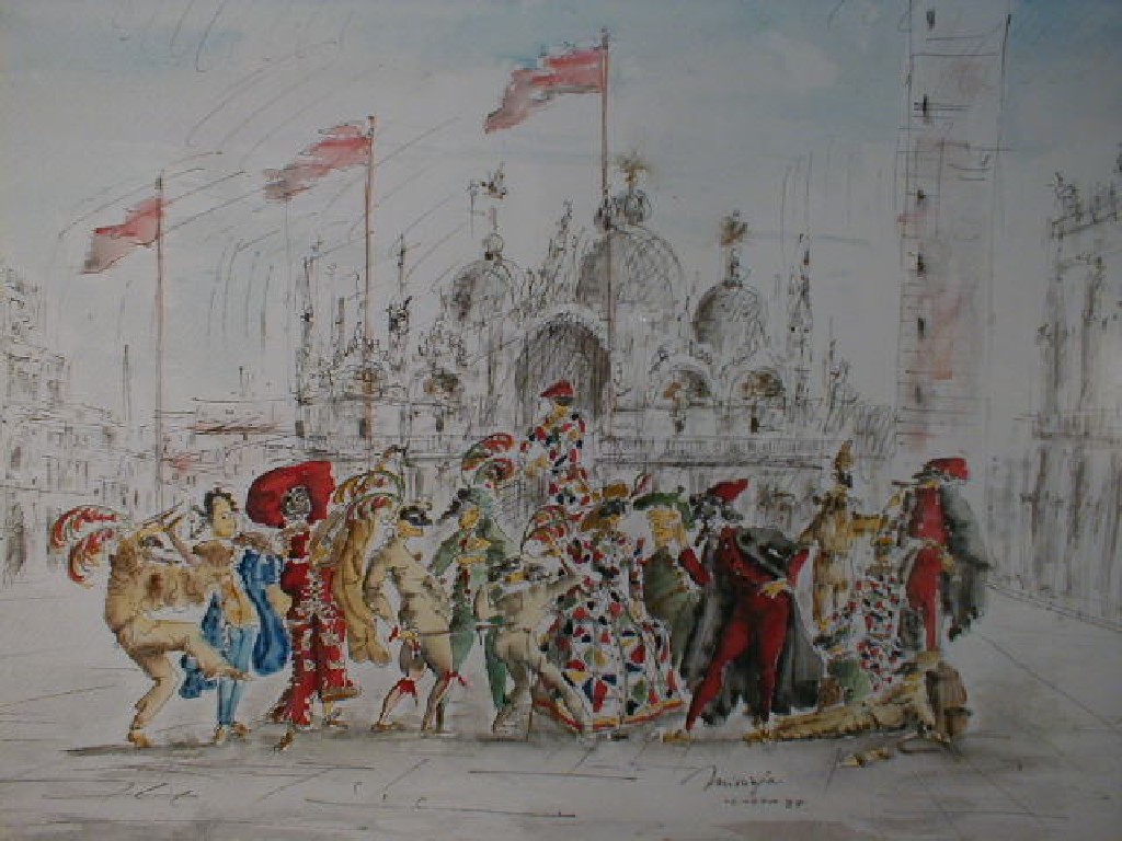 Appraisal: After Gianfranco Missiaja Schola S Zaccaria Carnevale Venice coloured ink