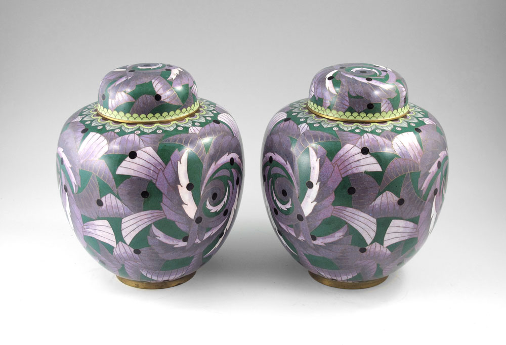 Appraisal: PAIR OF CLOISONNE COVERED JARS '' h unusual green and