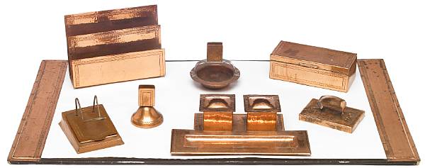 Appraisal: A Dirk Van Erp hammered copper desk set post comprising