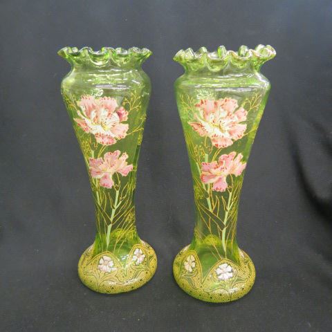 Appraisal: Pair of Mt Joye Enameled Art Glass Vases fine floral