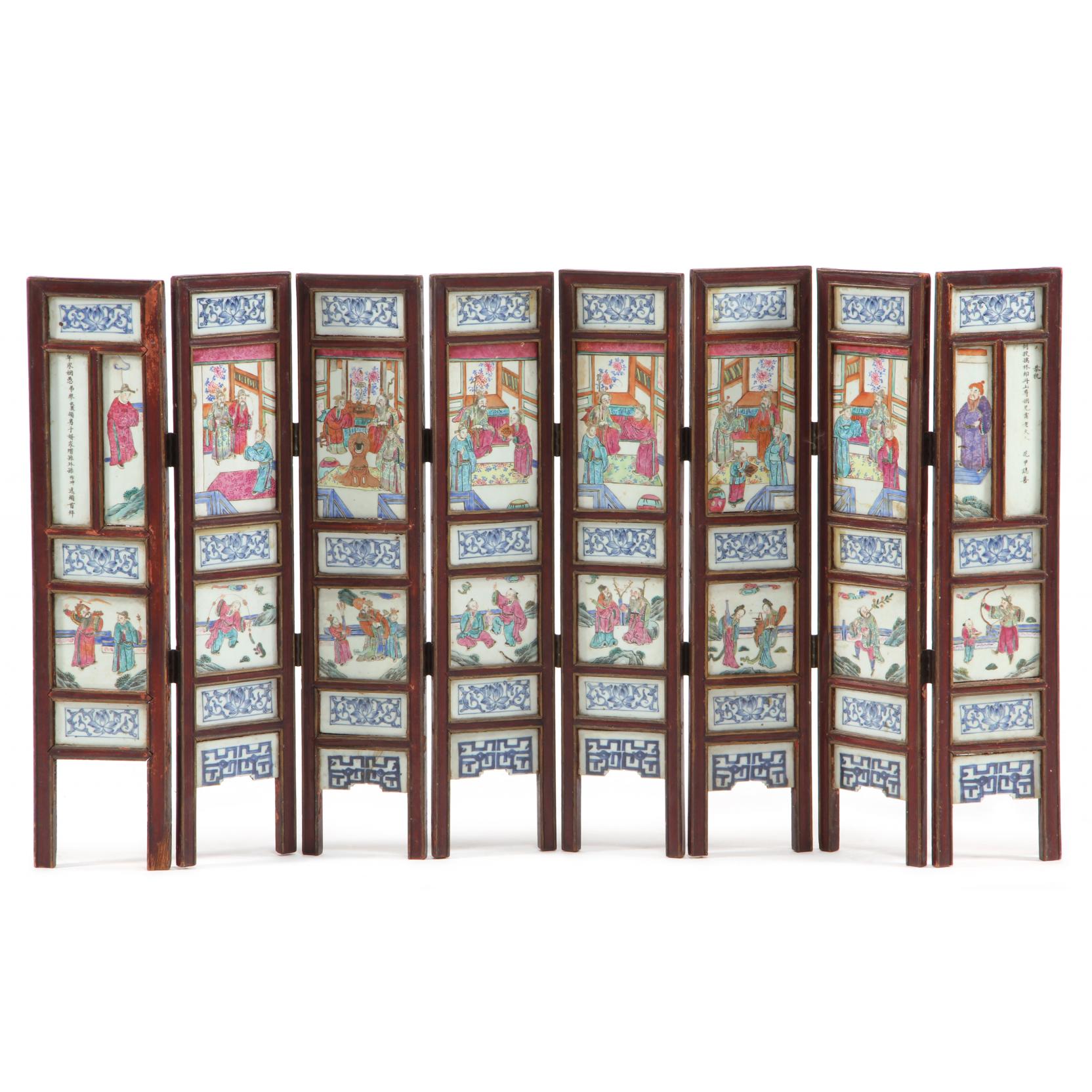 Appraisal: Chinese Porcelain Eight Panel Scholar's Screen circa each interior panel