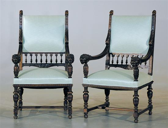 Appraisal: Pair French Renaissance carved walnut armchairs late th century carved