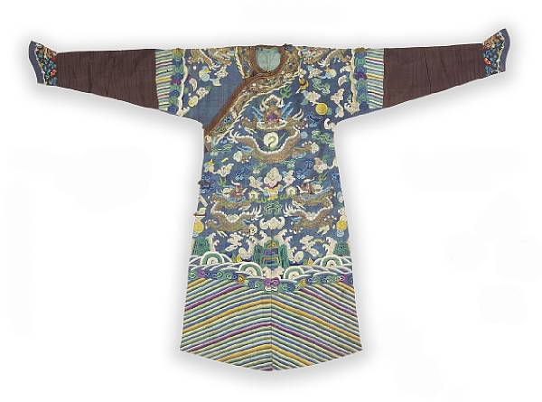 Appraisal: A kesi-woven blue silk dragon robe Late th Century Loosely