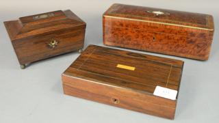 Appraisal: Three Rosewood and burlwood boxes to include brass inlaid glove