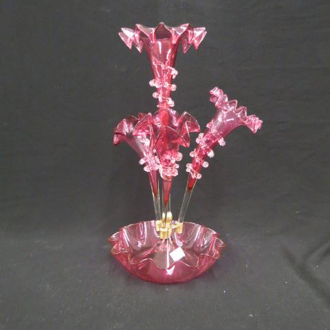 Appraisal: Cranberry Art Glass Epergne four lily ruffled design clear applied