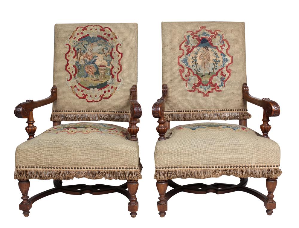 Appraisal: PAIR OF RENAISSANCE STYLE NEEDLEPOINT ARMCHAIRSCondition the needlepoint with some