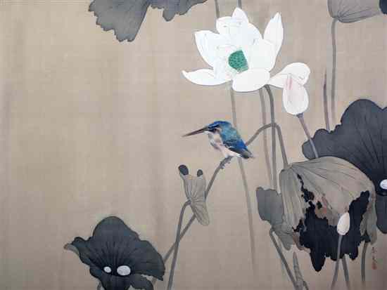 Appraisal: Japanese School watercolour on silk Kingfisher on lotus leaves signed