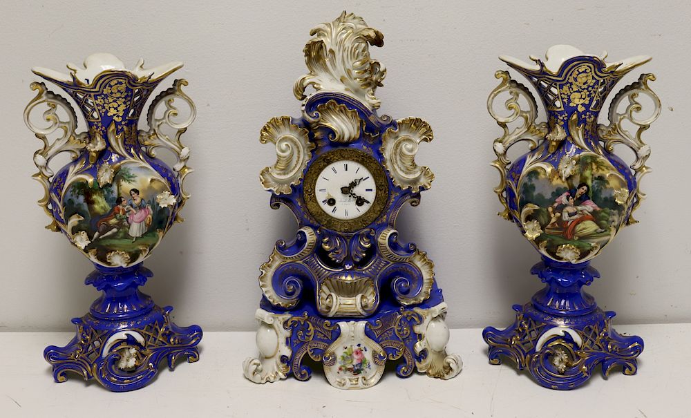 Appraisal: Old Paris Porcelain Clock Garniture Set Clock Signed Jacob Petit