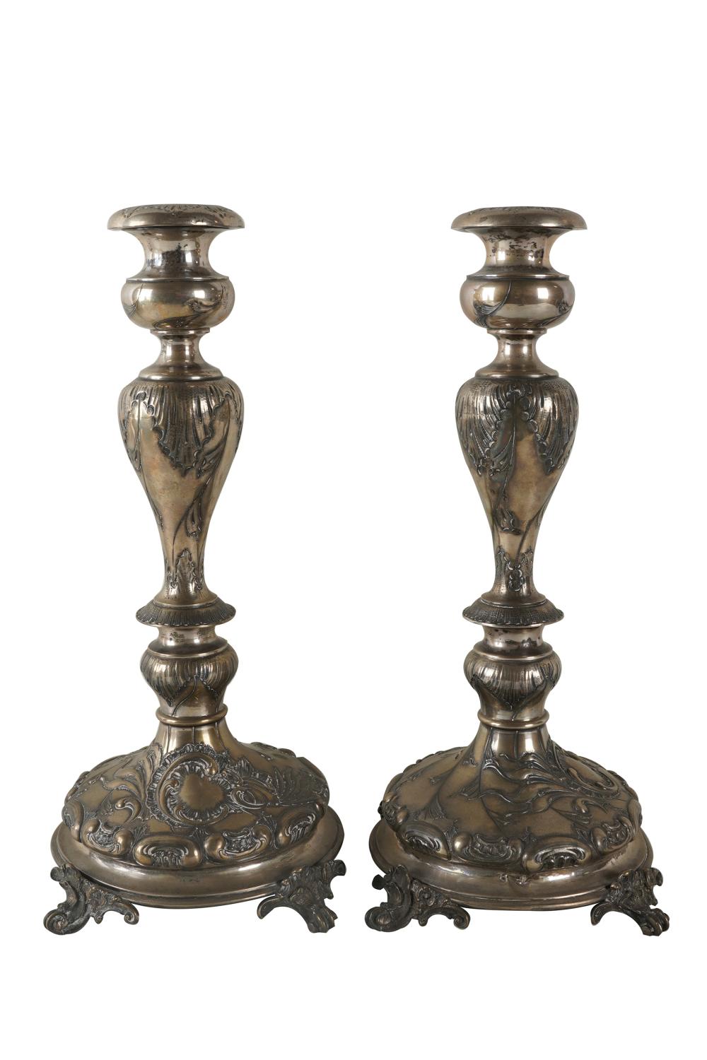 Appraisal: PAIR AUSTRIAN ART NOUVEAU SILVER CANDLESTICKSeach with Diana's head mark