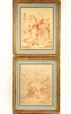 Appraisal: PAIR CONTE DRAWINGS - In the style of Watteau Idyllic