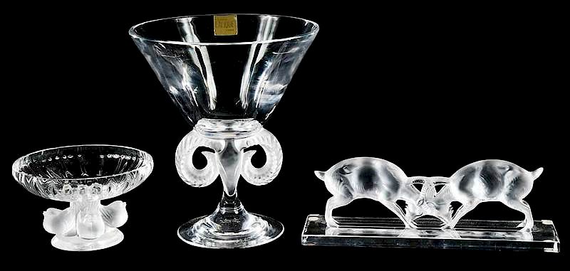 Appraisal: Three Pieces Lalique Glass all engraved Lalique France Aries compote