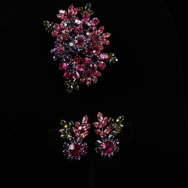 Appraisal: Austrian Rhinestone Flower Cluster Brooch Pin Clip Earrings Fleabites to